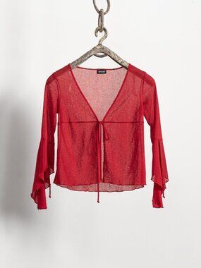 SHEER Red Stretchy Bell Sleeves Y2K Party Top Vintage See Through Tie Front